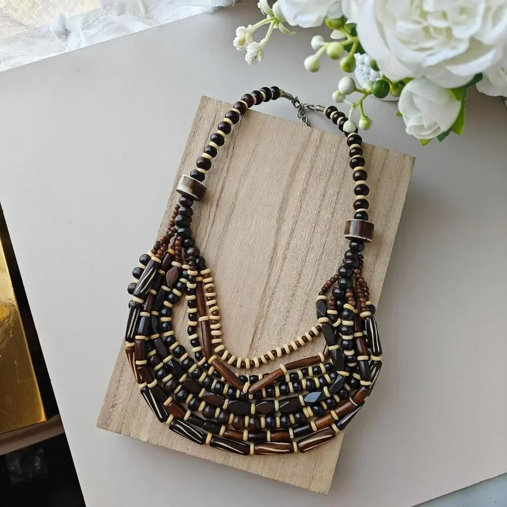 Bohemian dark brown and cream wooden multilayer beaded necklace